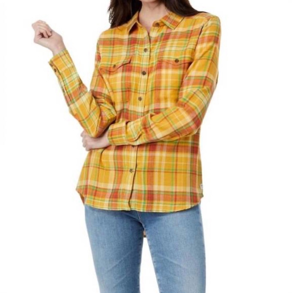 Toad & Co Reform Flannel Long Sleeve Shirt Acorn Plaid Yellow Orange Size S